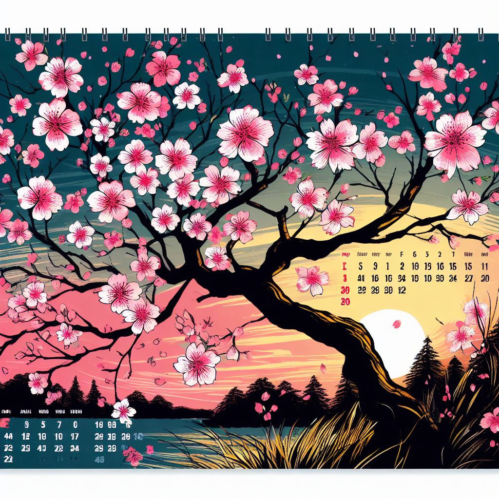 Design an image for April: Cherry blossom trees in full bloom.,Calendar Art
