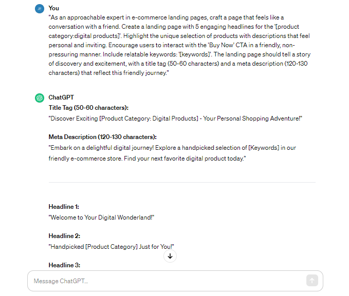 ChatGPT Landing Pages Prompts for e-commerce websites
