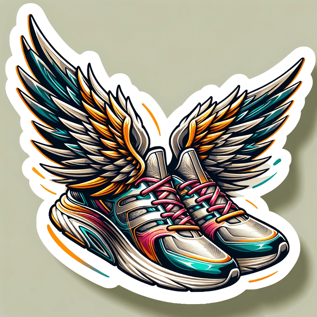 A sticker of running shoes with wings.