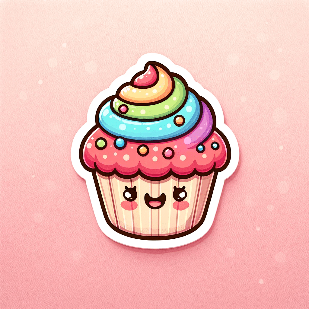 A kawaii-style cupcake with a smiling face and colorful frosting.