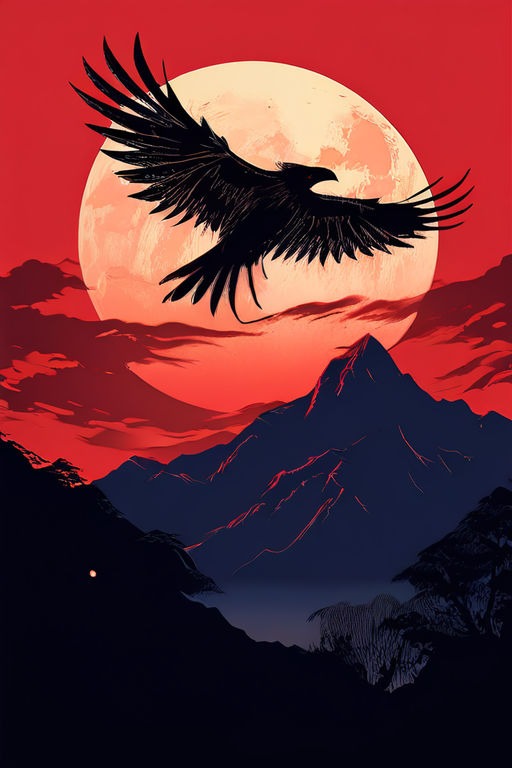 Tengu silhouette flying over Japanese mountains with full moon in the background. The colors are red, black and dark blue to create a mysterious and dramatic atmosphere