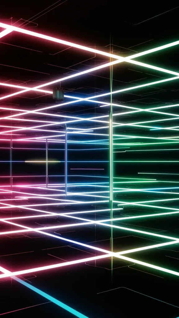  a visually striking wallpaper with a futuristic neon grid, featuring glowing lines and a dark background.