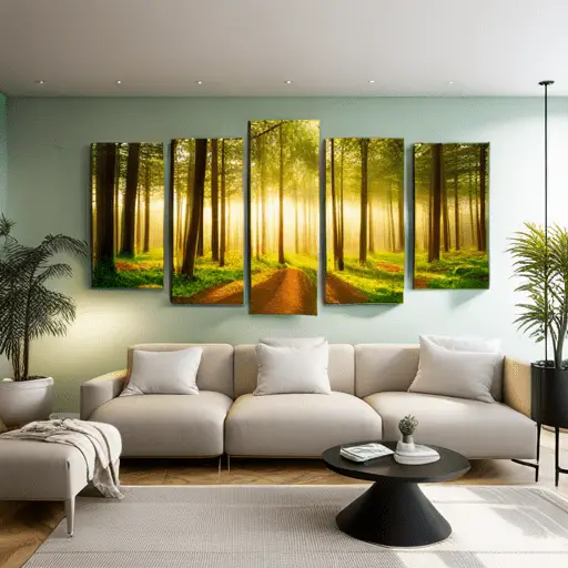Example Prompt Generate a serene piece of wall art that captures the essence of a 'tranquil forest morning' or a 'peaceful beach sunset', creating a soothing atmosphere for therapy rooms and promoting relaxation and mental comfort.