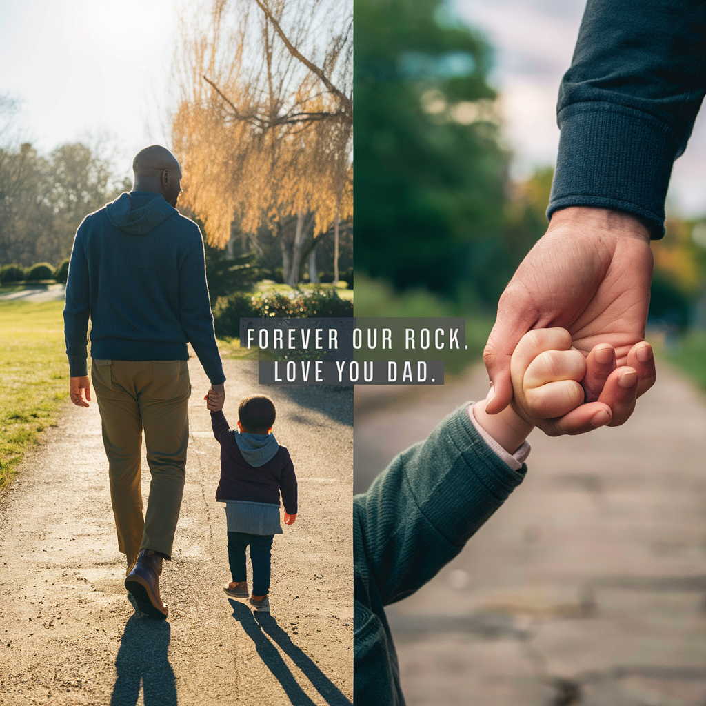 Create an Instagram post featuring a split image of a father holding his child's hand, with an emotional quote like 'Forever our rock.' Love you Dad'