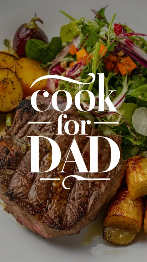 design a Pinterest pin  featuring appetizing food photography  and bold text like cook For Dad 