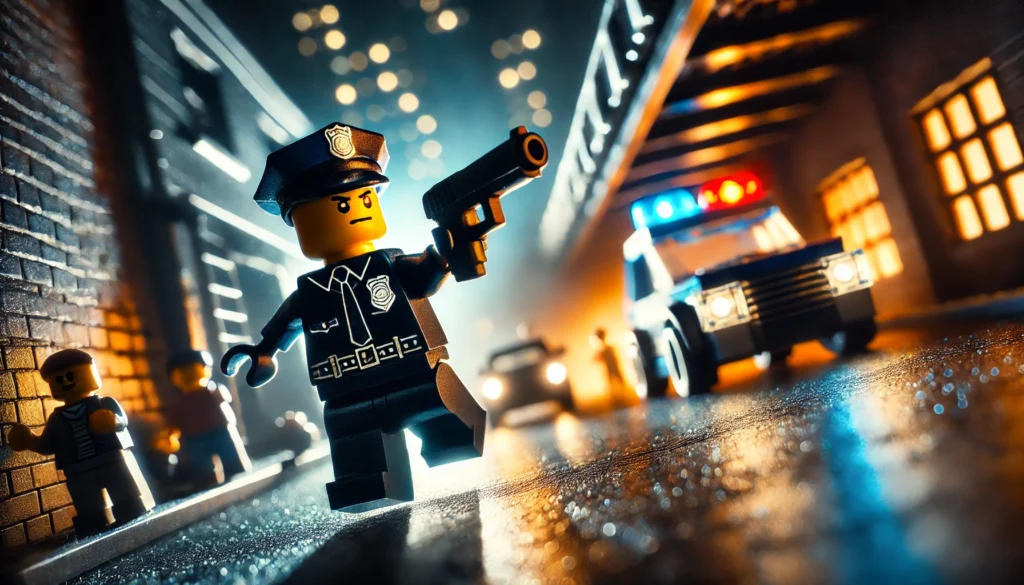 A LEGO policeman figure firing a gun, in a dark city alleyway, with dramatic lighting and intense action, emphasizing a crime-fighting scene. The background includes blurred city lights and a sense of urgency