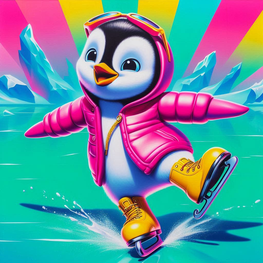 A cool penguin in a pink jacket and yellow boots, gracefully ice skating on a bright, neon-blue rink, with a vivid and colorful backdrop."