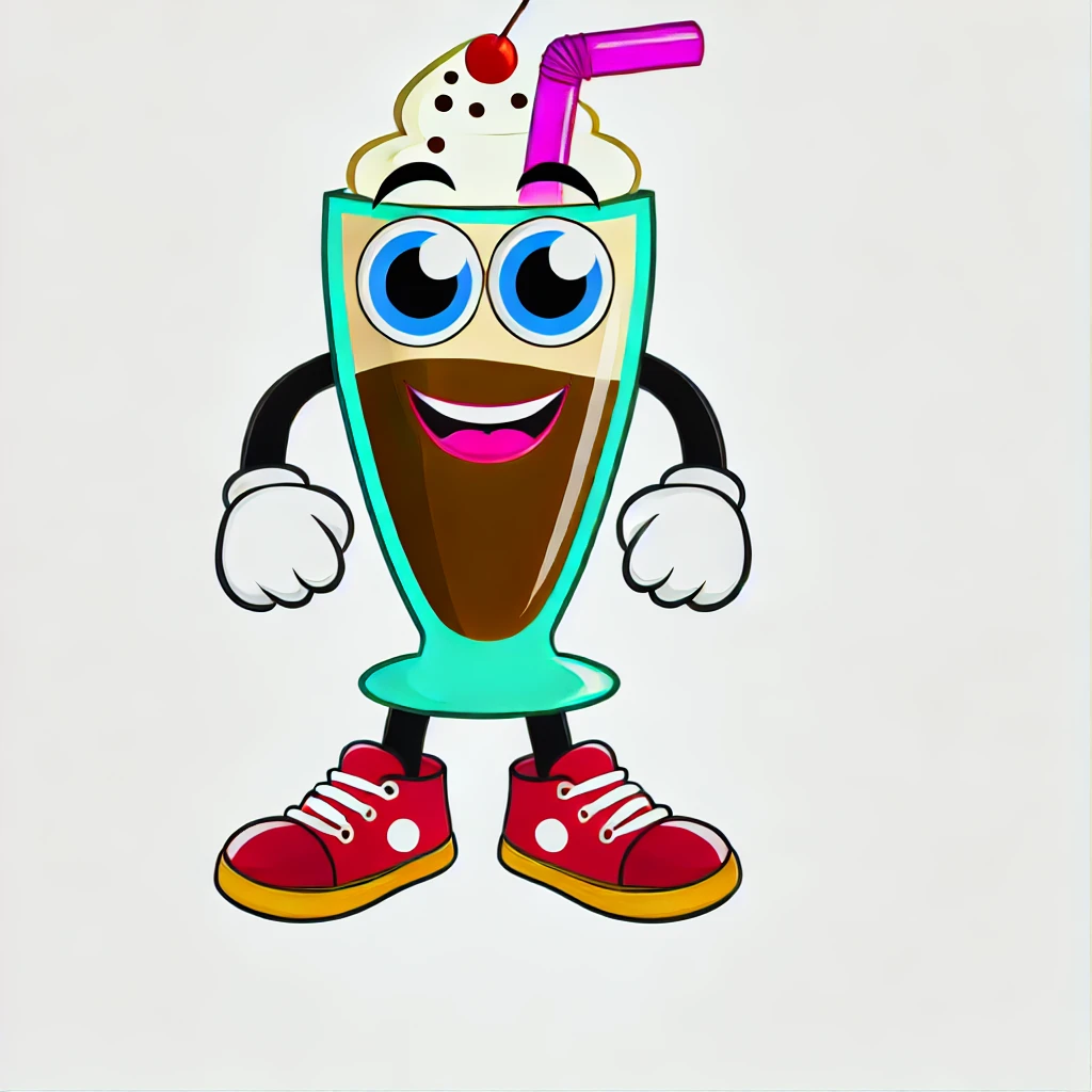 Create a very pleasing and vibrant cartoon character of a milkshake in a tall glass with a straw. The character should have a cheerful face, expressive eyes, and be wearing sneakers. The background should be white, making the character stand out with bright and vivid colors.