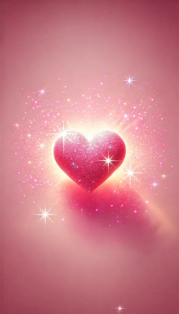 A bright and playful pink-themed wallpaper in 9:16 aspect ratio featuring a single glittery heart in the center, glowing with a soft pink light. The background is a smooth pastel pink with sparkles scattered around the heart, creating a magical and cheerful atmosphere. The heart is in a bold pink shade with glittering effects, giving it a lively, fun feel. The lighting is soft and highlights the glitter and glow of the heart, making it the focal point of the design